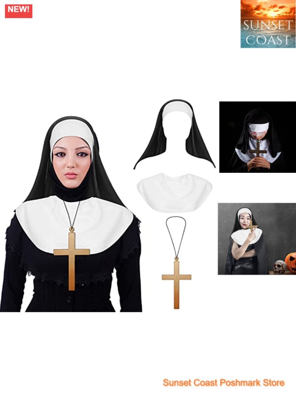 Nun Costume Accessories Set Veil Collar Cross Necklace 3 Pc